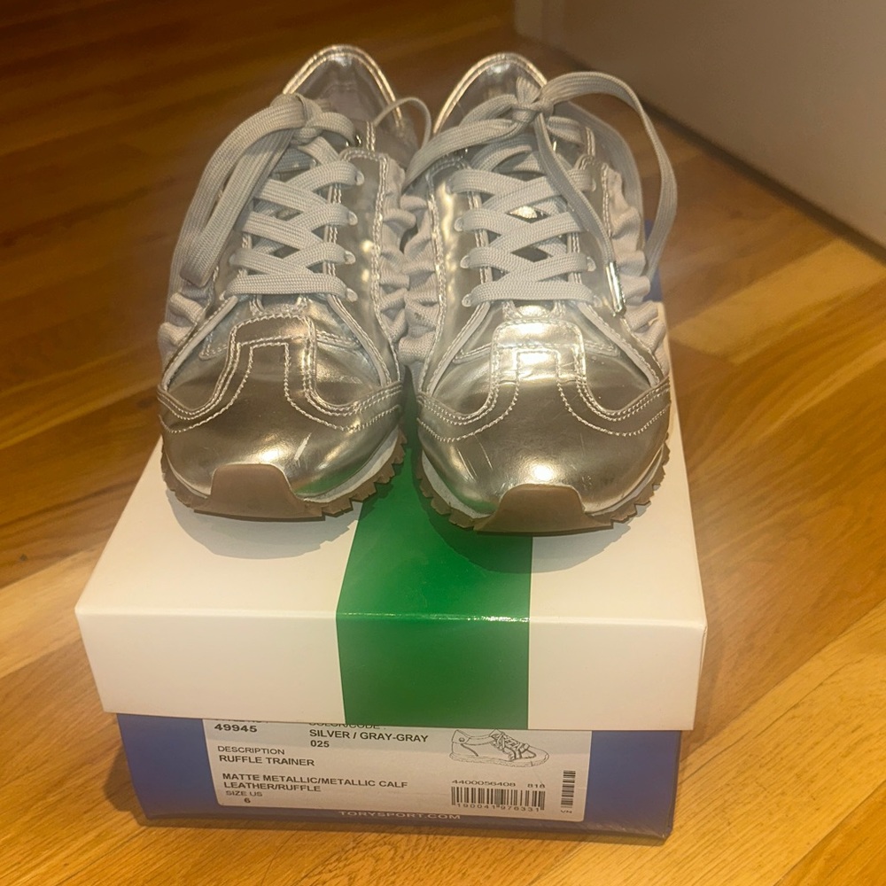 Tory Sport Silver Gray Ruffle Trainers